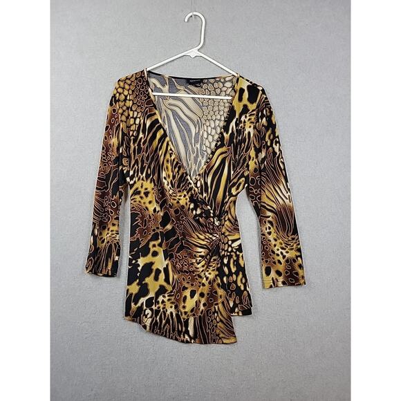 Spense Brown Animal Print LS Faux Wrap V Neck Blouse Women's Large Stretch - Picture 1 of 11